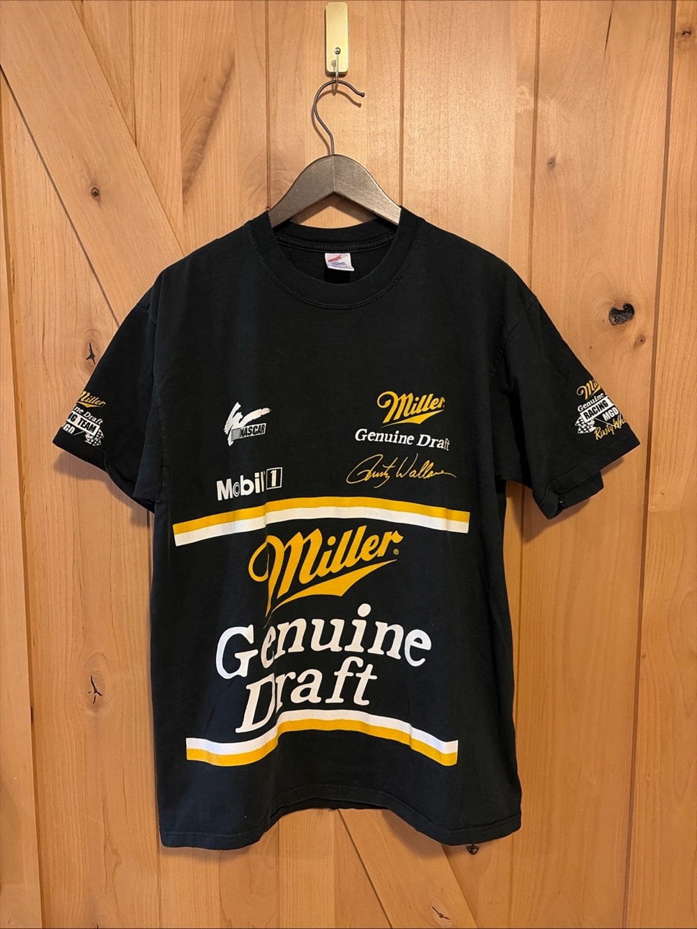 Vtg 90s Rusty Wallace Miller Genuine Draft Shirt Jerzees L NASCAR Black
